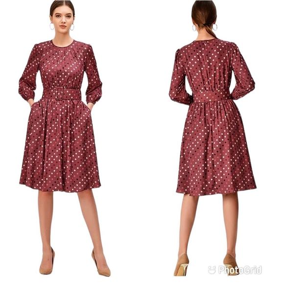 Eshakti Ruched Polka Dot Print Crepe Belted Dress Sz XL - Picture 1 of 13